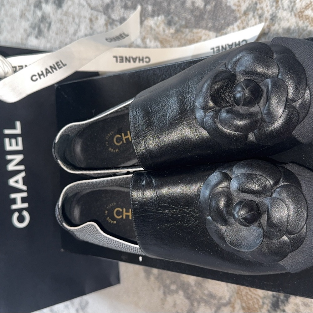 Chanel Black Leather Camellia Mules